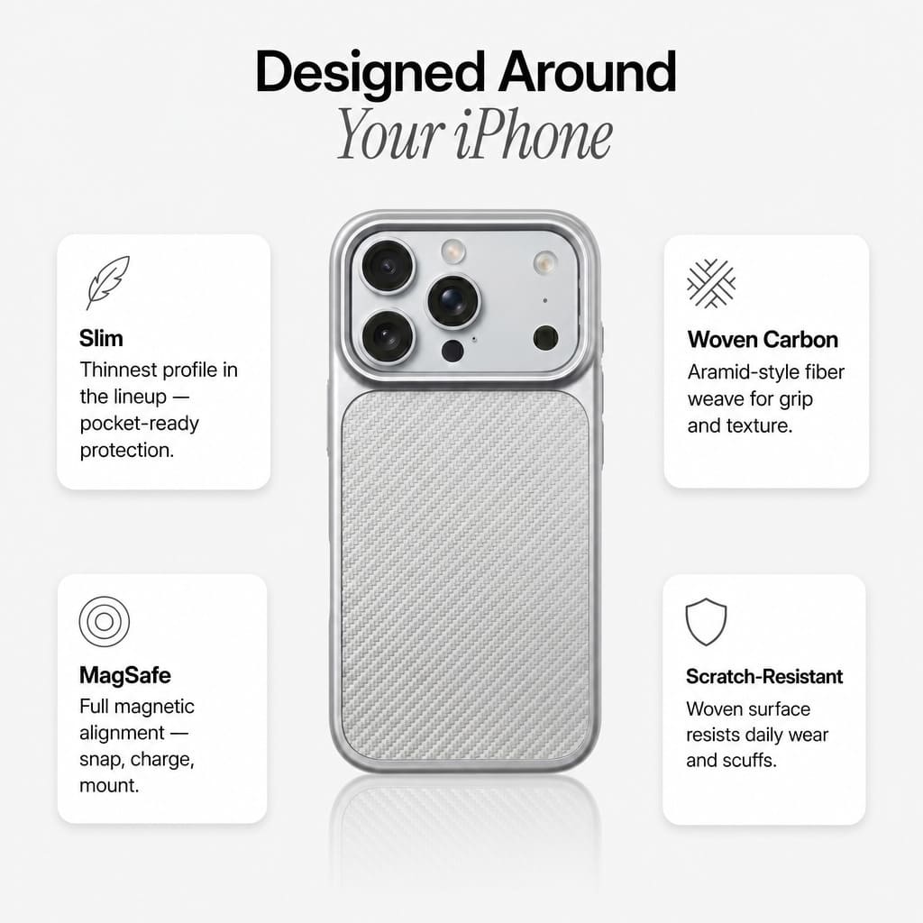Nakd (carbon) — Slim Carbon-Weave iPhone Case · MagSafe Finish