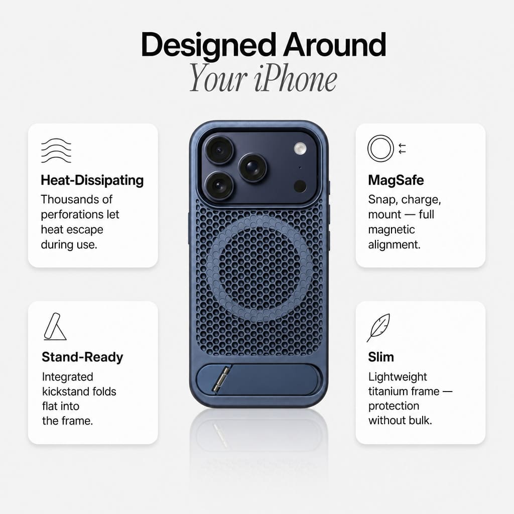 Nakd (mesh) — Breathable Heat-Dissipating iPhone Case · MagSafe + Kickstand